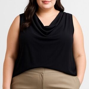 Sejour Plus Size Sleveless Mixed Fabric Draped Neckline Black Top Sz 3X